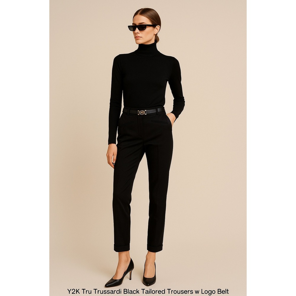 Y2K Tru Trussardi Black Tailored Trousers w/‎ Logo Belt Quiet Luxury Old Money 6